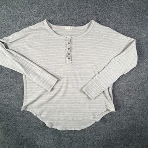 Billabong Thermal Henley Sweater Womens Large Gray Striped Waffle Knit Round Hem